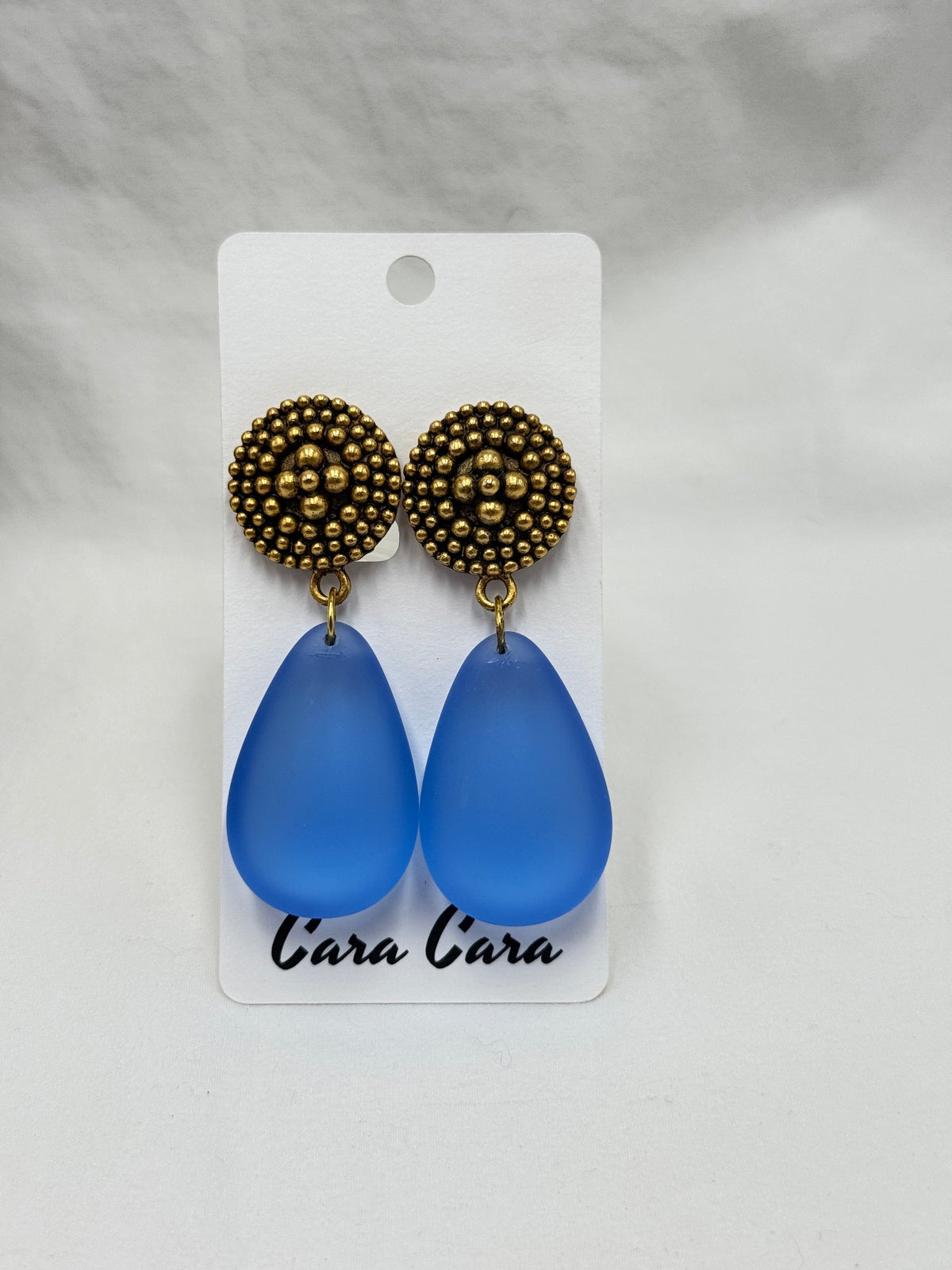 Gold + Frosted Blue Crystal Clip Earrings