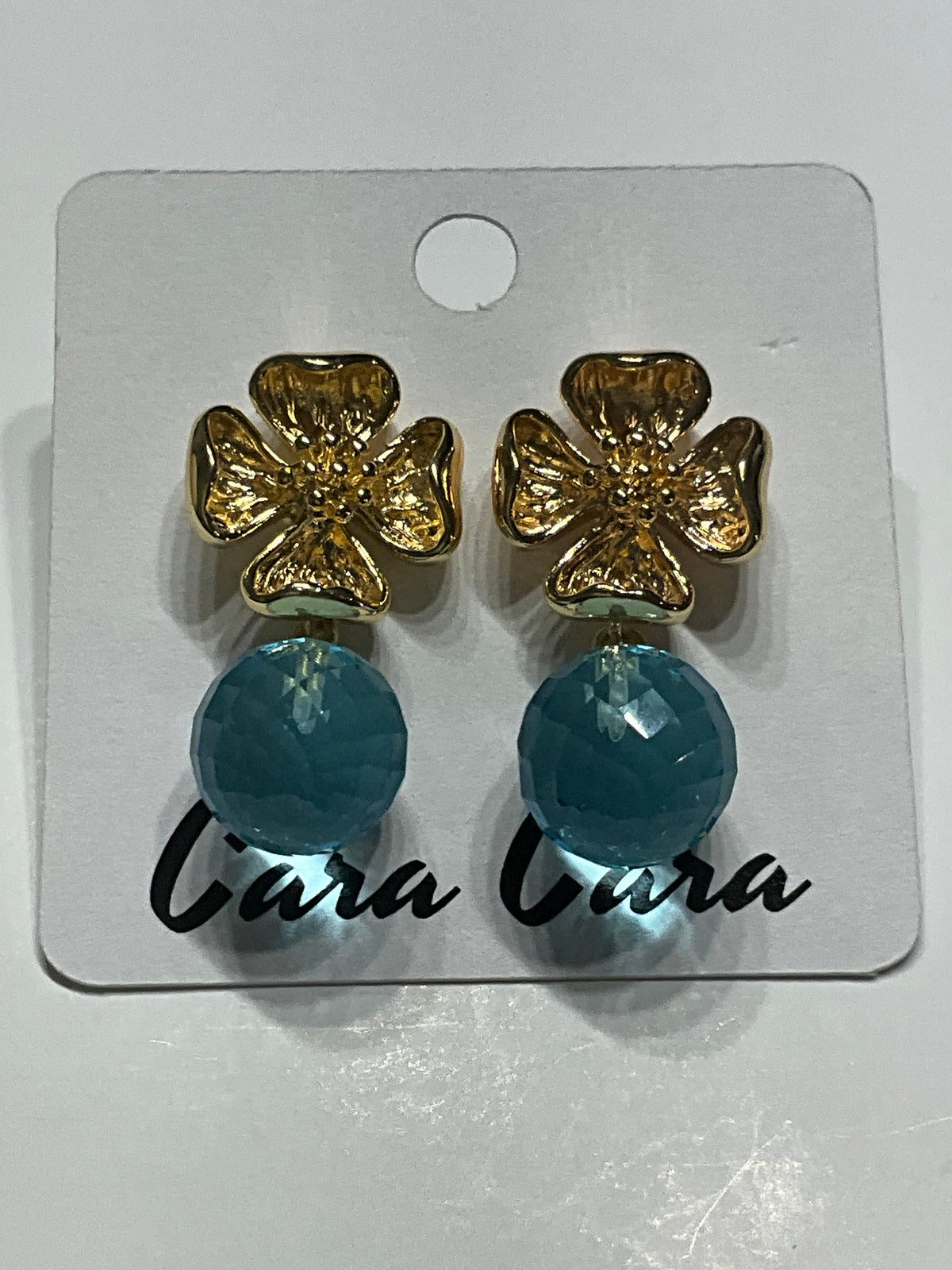 Gold Flower + Aquamarine Crystal Drop Earrings