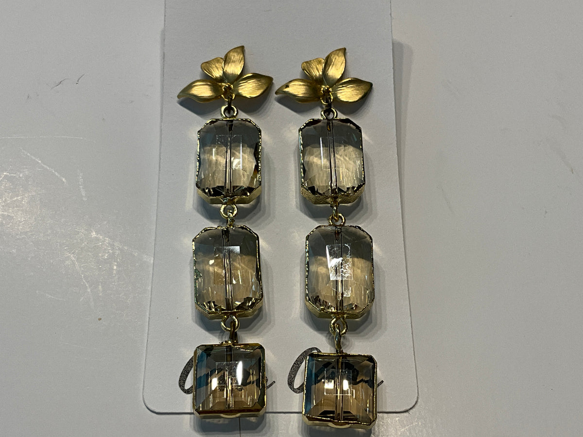Smoky Crystal + Gold Leaf Drop Earrings