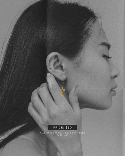 Pale Green Pearl + Gold Leaf Drop Earrings