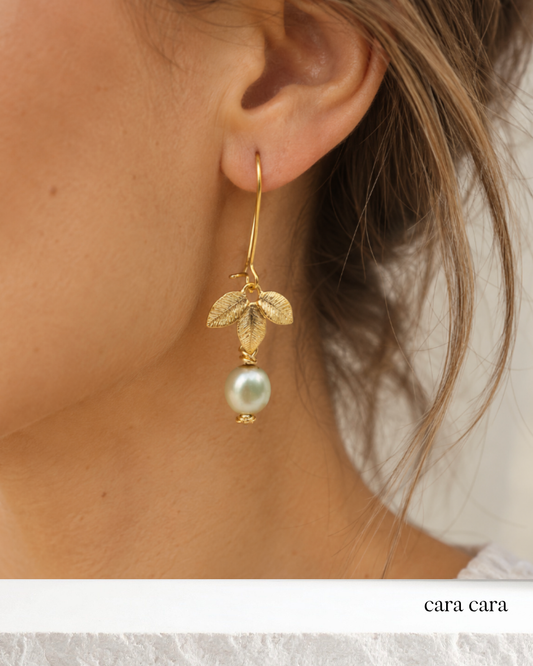 Pale Green Pearl + Gold Leaf Drop Earrings