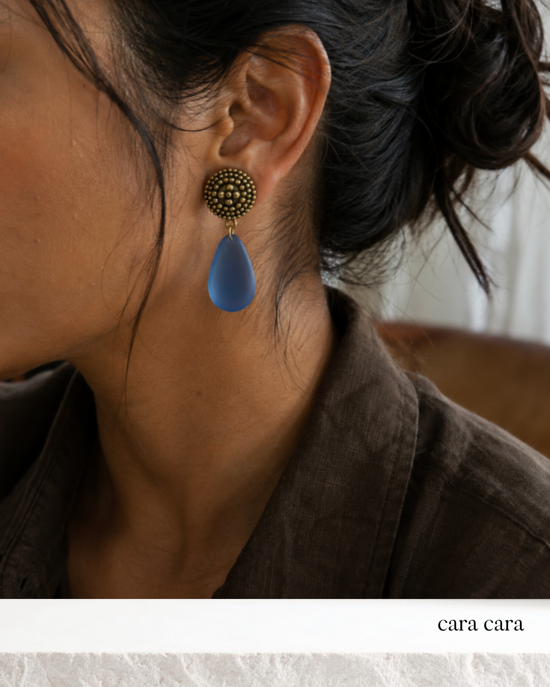 Gold + Frosted Blue Crystal Clip Earrings