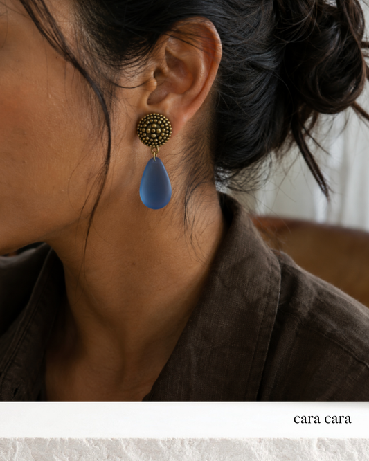 Gold + Frosted Blue Crystal Clip Earrings