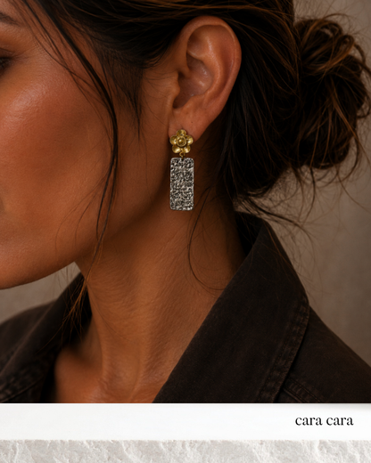 Mixed Metal Flower + Hammered Silver Drop Earrings