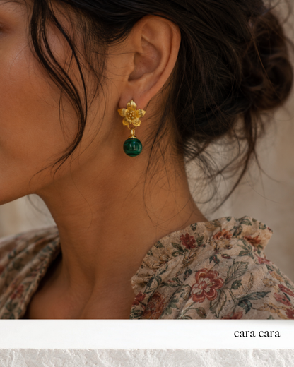 Gold Flower + Malachite Drop Earrings