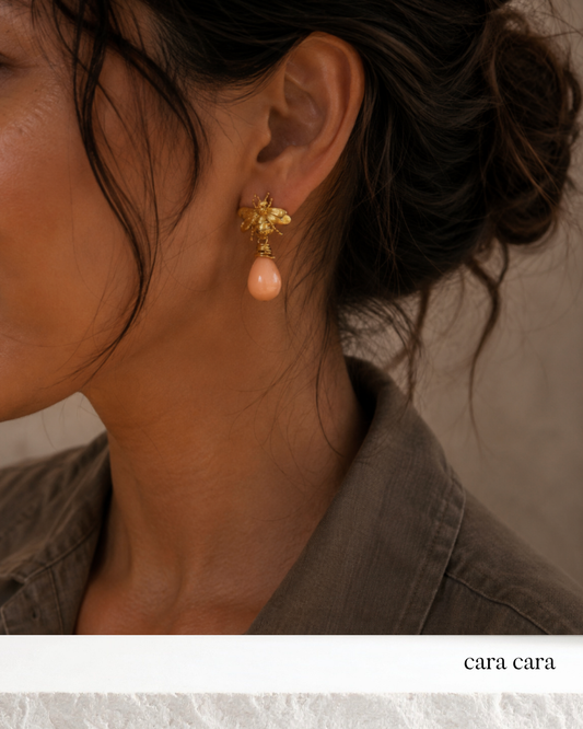 Gold Bee + Pink Coral Drop Earrings