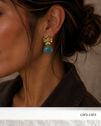 Gold Flower + Aquamarine Crystal Drop Earrings