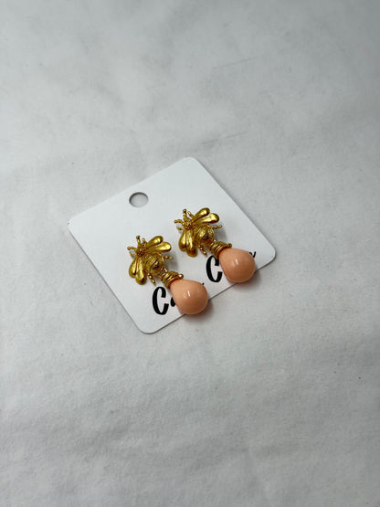 Gold Bee + Pink Coral Drop Earrings