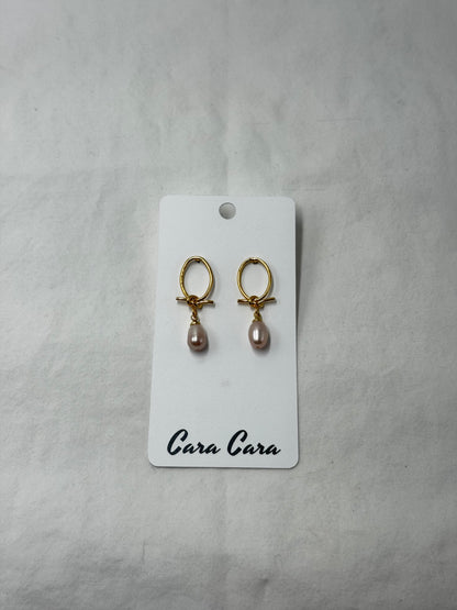 Gold Bow + Pale Pink Pearl Earrings