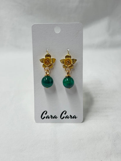 Gold Flower + Malachite Drop Earrings