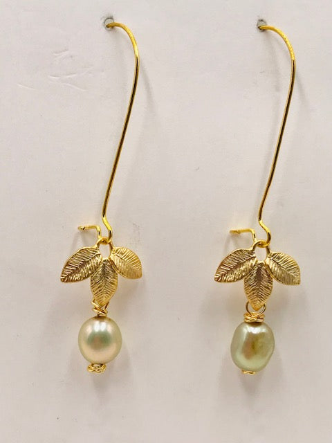 Pale Green Pearl + Gold Leaf Drop Earrings