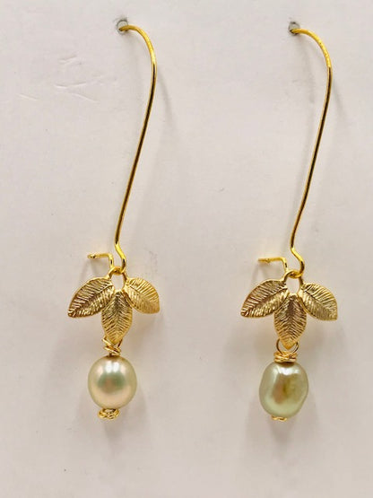 Pale Green Pearl + Gold Leaf Drop Earrings