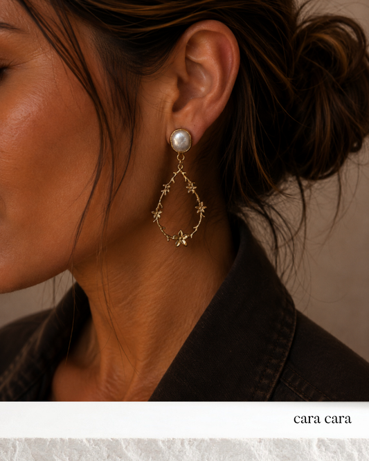 Freshwater Pearl + Gold Floral Hoop Earrings