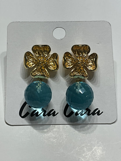 Gold Flower + Aquamarine Crystal Drop Earrings
