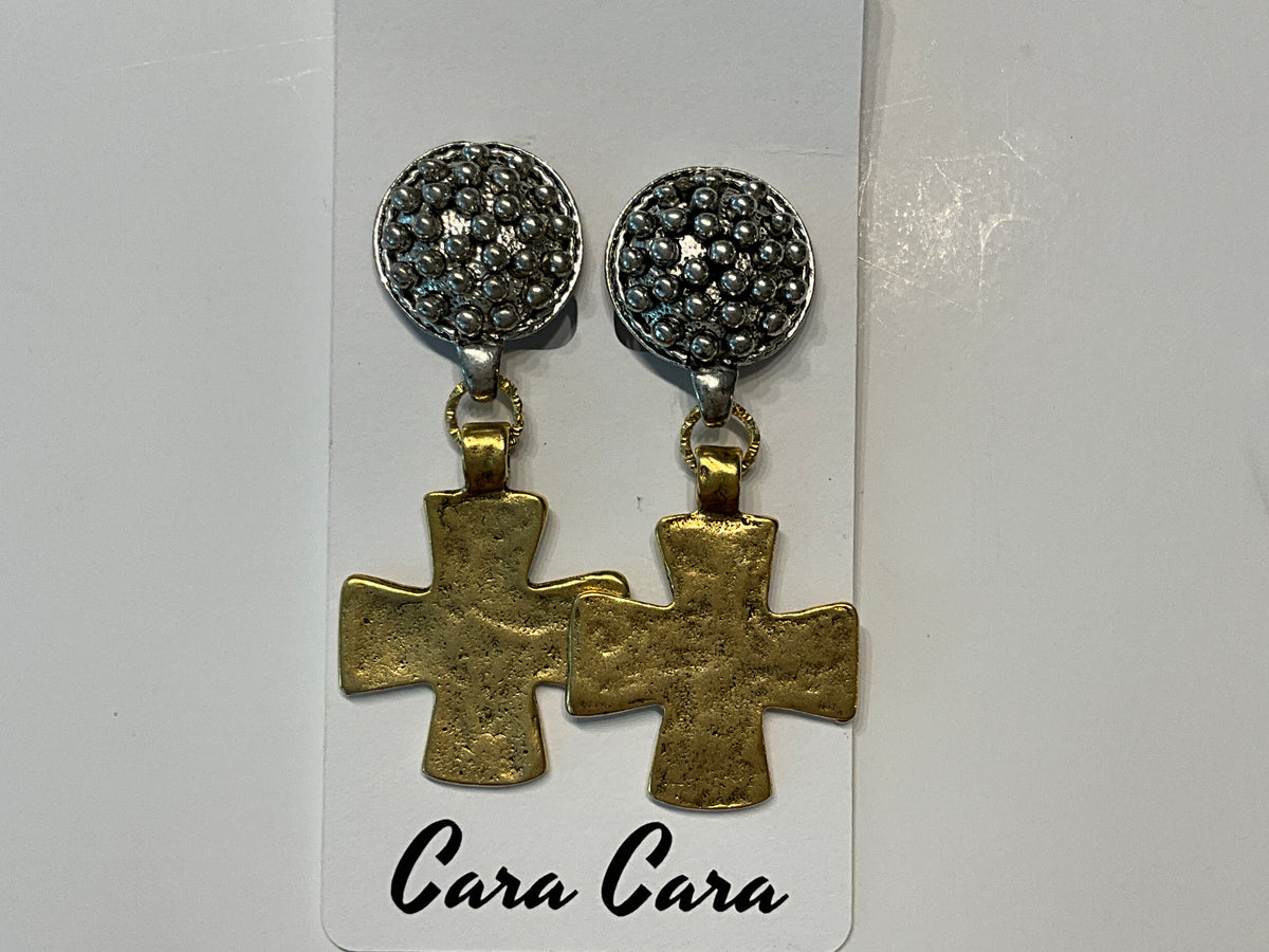 Silver Beaded + Gold Cross Earrings