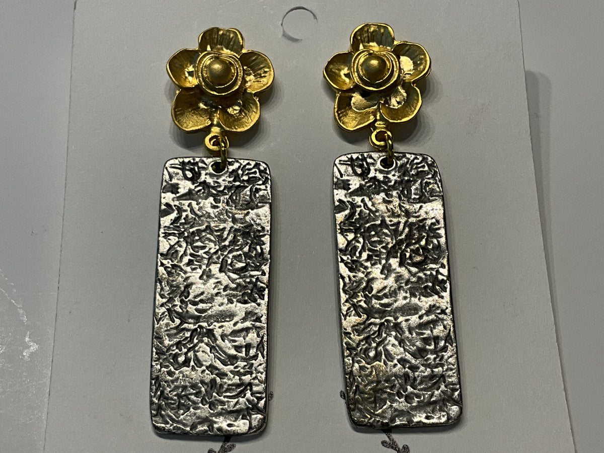 Mixed Metal Flower + Hammered Silver Drop Earrings