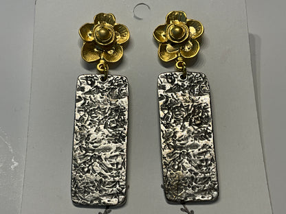 Mixed Metal Flower + Hammered Silver Drop Earrings