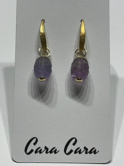 Gold + Carved Lavender Tourmaline Drop Earrings