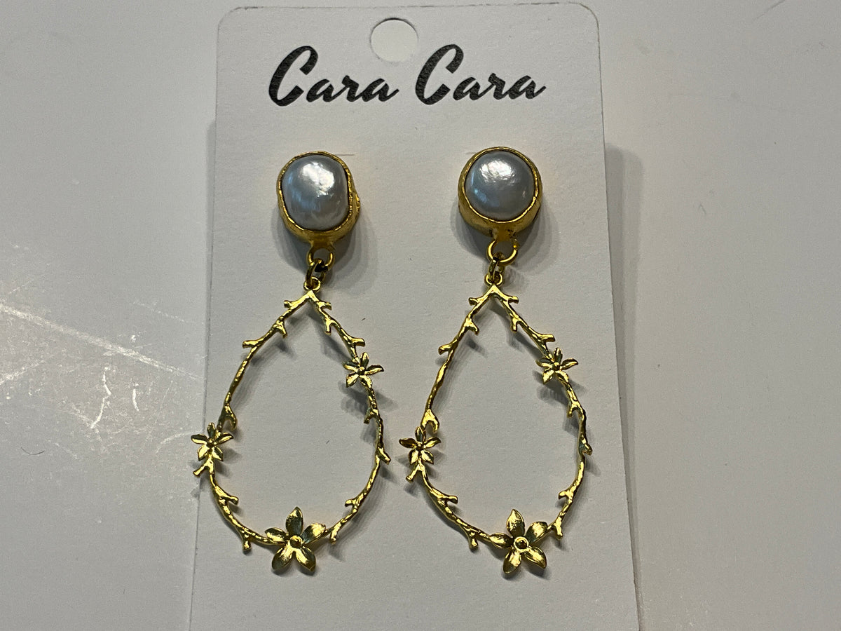Freshwater Pearl + Gold Floral Hoop Earrings